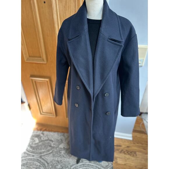 Zara Women’s Navy Wool Blend Oversized Long Double Breasted Peacoat M - Picture 2 of 5